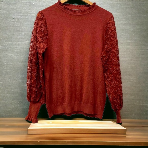 Sioni Milano Mock Neck Mesh Applique Sleeve Detail Sweater Size Large - Picture 3 of 13